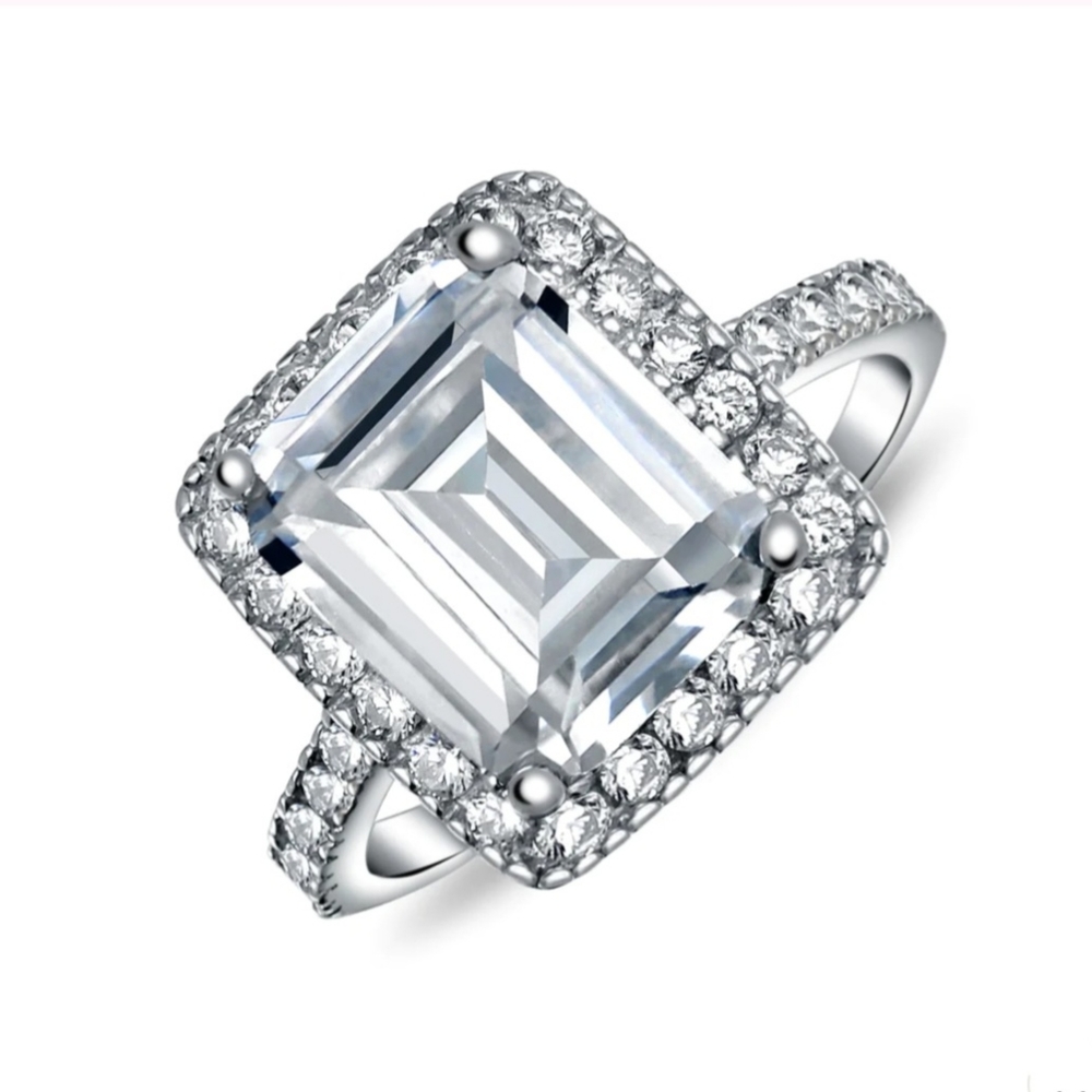 3 CT Emerald Cut AAA CZ Halo Ring - Picture 2 of 7